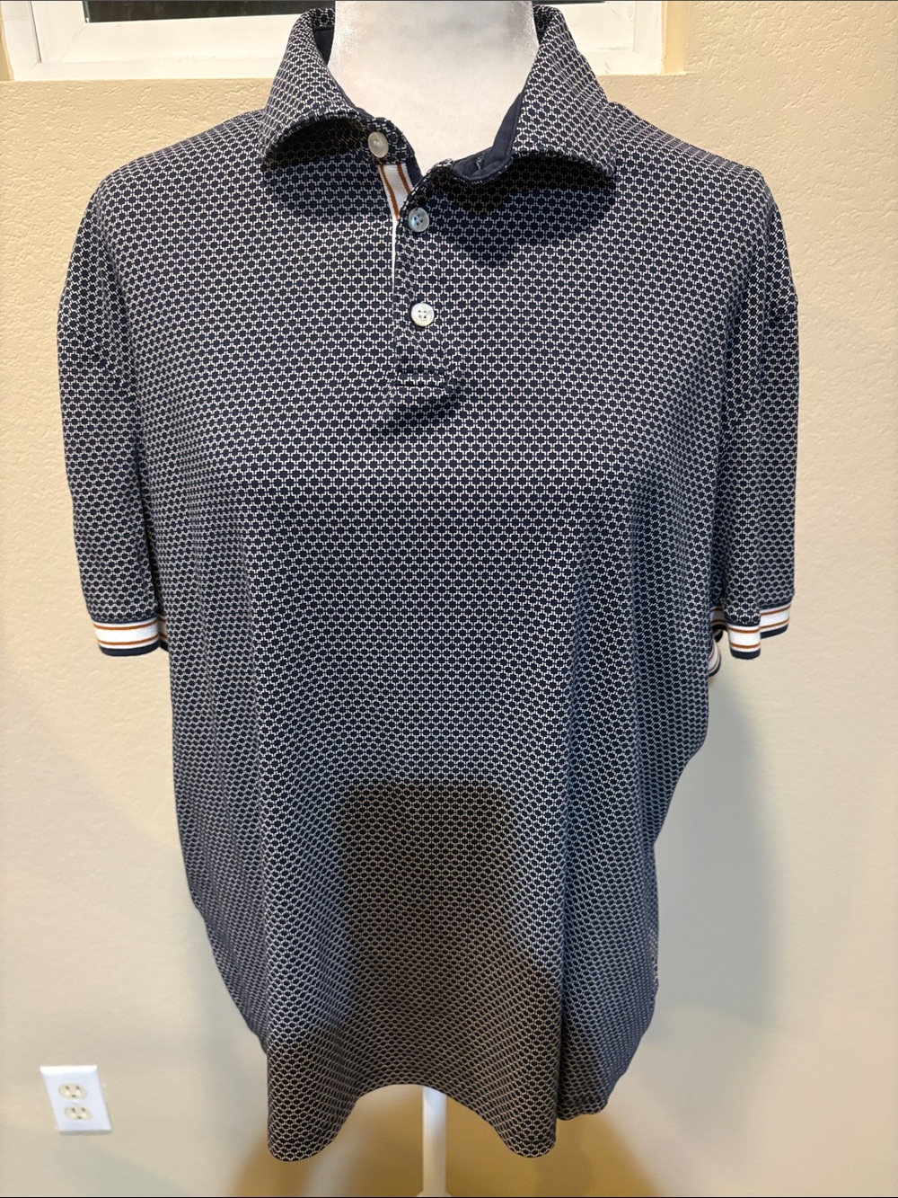 Murano Navy and White Geometric Polo Slim Fit-Size XL